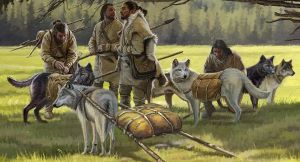pack of prehistoric men and dogs