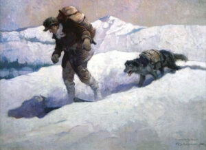 SLED TRAILS AND WHITE WATERS by George Marsh – Book Review – Wolf Dogs Frank Schoonover painting Man and dog