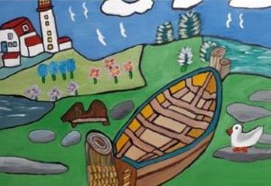 Dory onshore Mary Lee Burhoe folk art painting