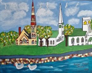 Three Churches Mary Lee Burhoe folk art painting